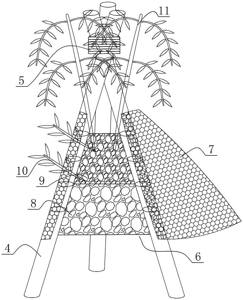 River ecological bank protection system formed by triangular pyramidal wood pile stone cage frames and construction method