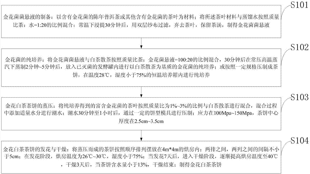 Preparation method of golden flower white tea cake tea