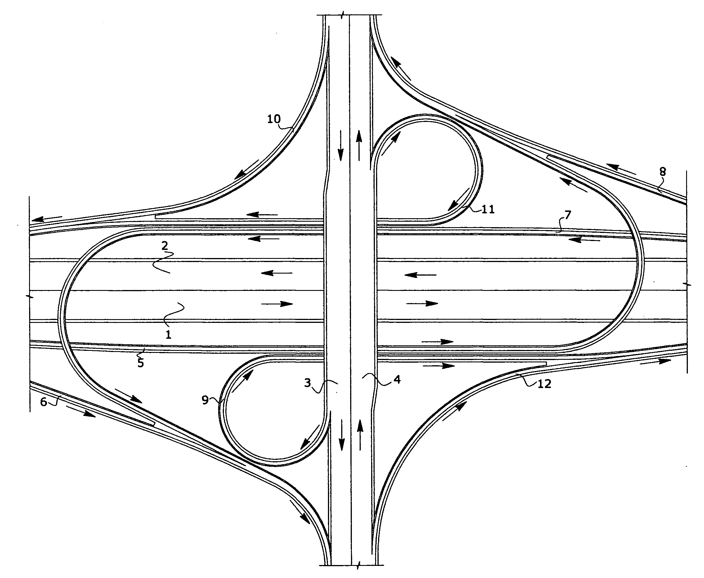 Weaving free two level cloverleaf type interchange for a highway crossing under a street