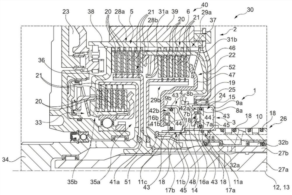 Actuation device having an axially nested slave cylinder, clutch system, and drive unit