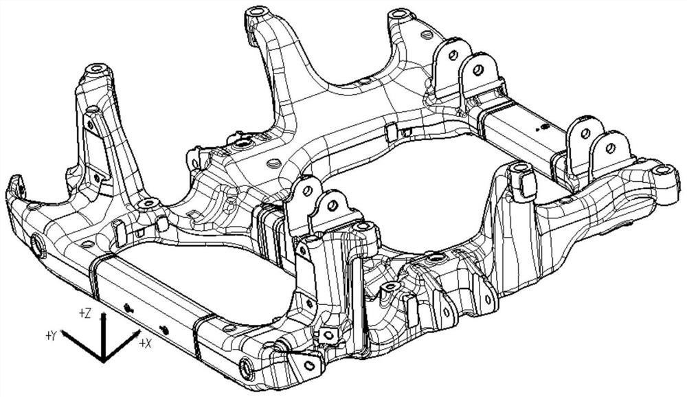 A sub-frame welded with hollow cast aluminum and aluminum profiles