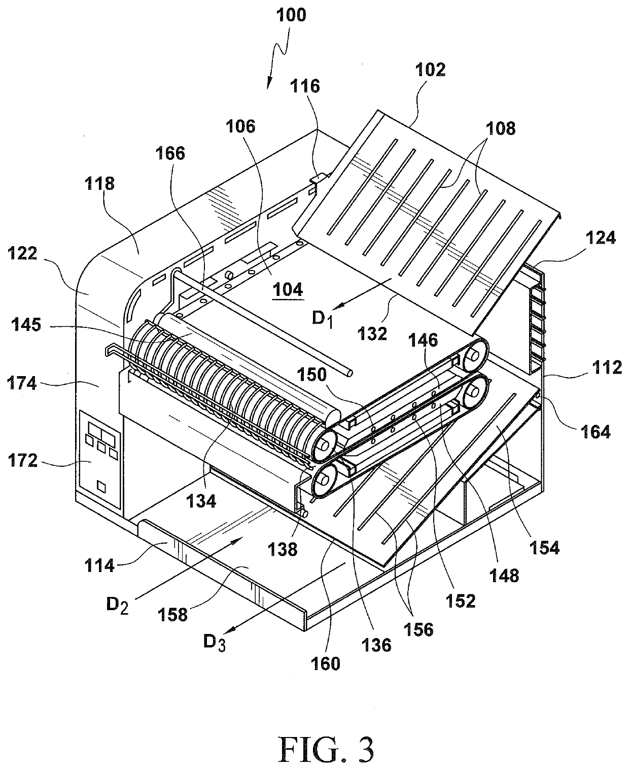 Food service equipment comprising a multiple-pass feeder conveyor and toaster with floating platen to accommodate different food products having different thickness dimensions