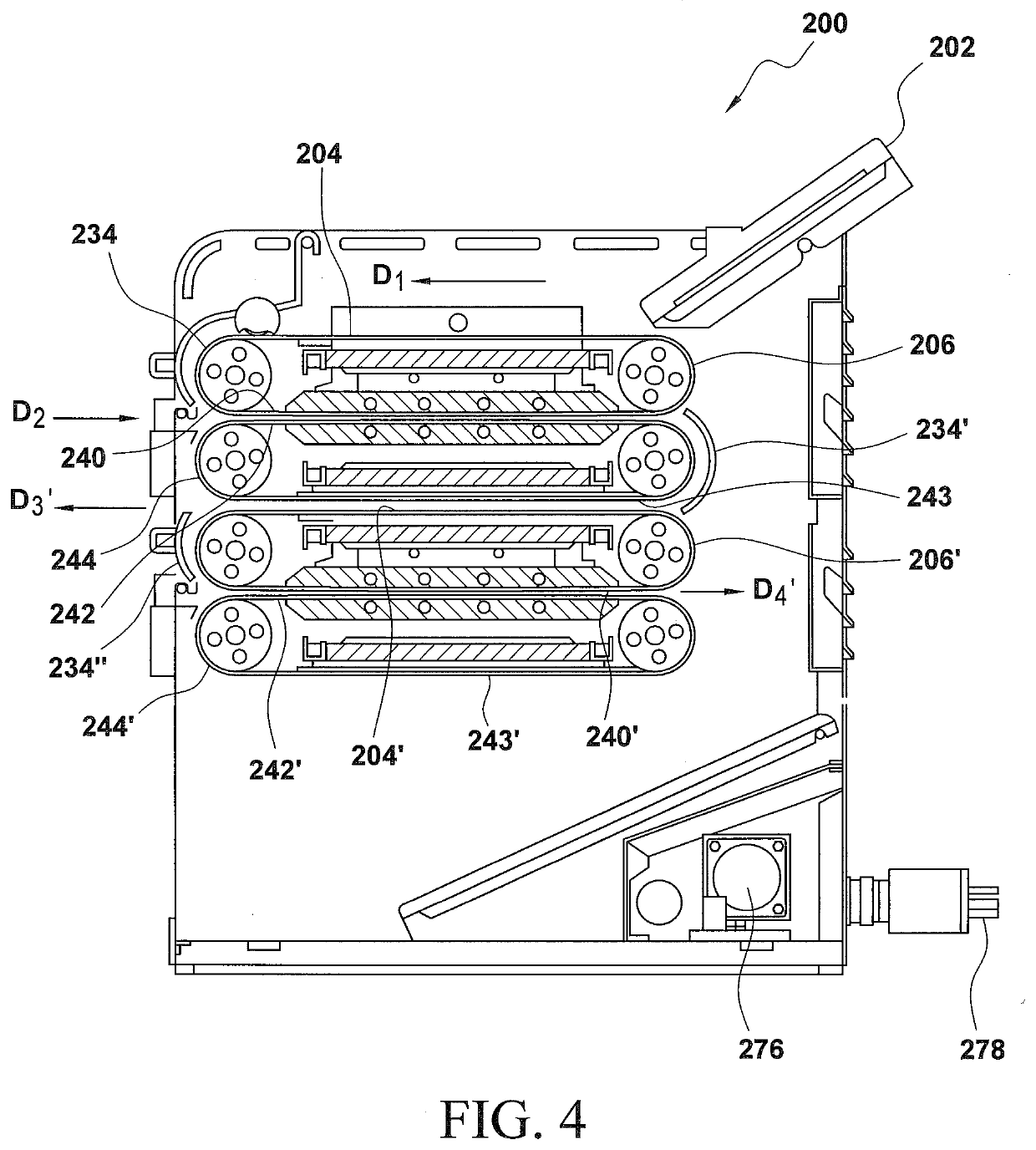 Food service equipment comprising a multiple-pass feeder conveyor and toaster with floating platen to accommodate different food products having different thickness dimensions