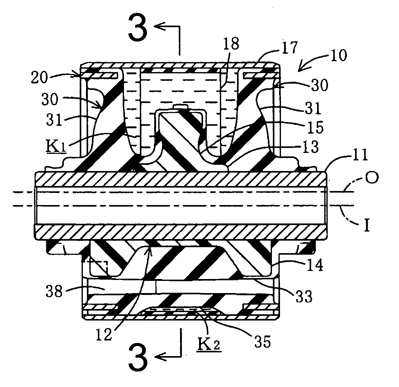 Cylindrical fluid-filled vibration damping device