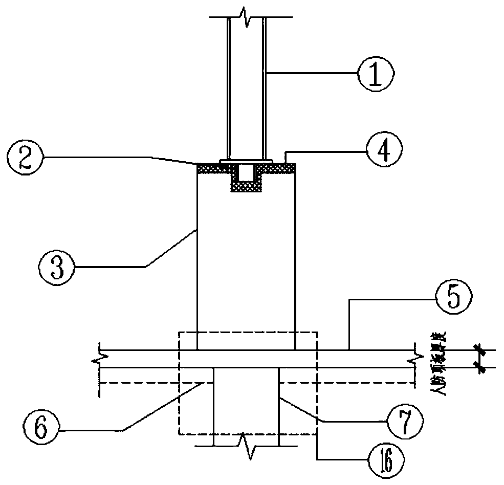 Hinged column foot structure utilizing built civil air defense panel point and construction method