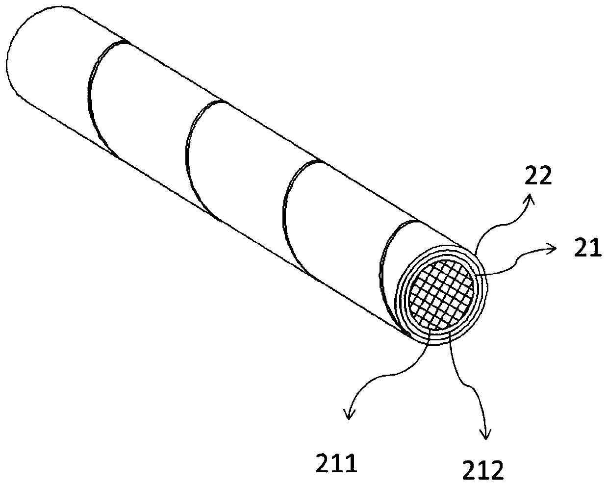 Pipe flow type cooling pipe fitting for heating non-combustible cigarette and preparation method thereof