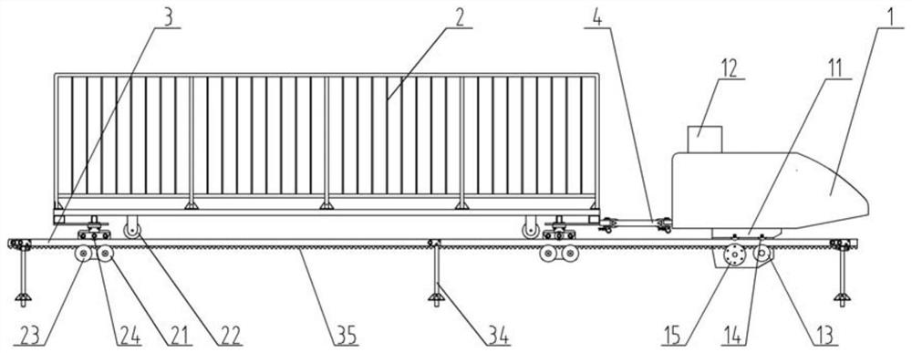 In-field three-rail transport vehicle