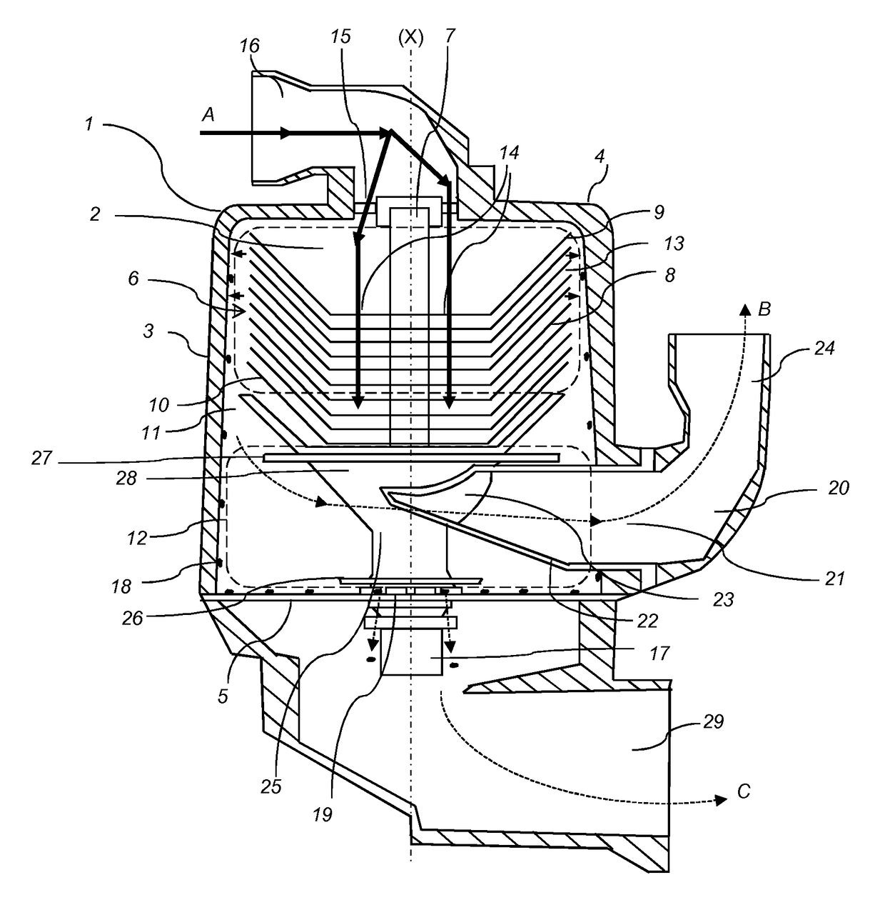 Centrifugal separator for cleaning gas