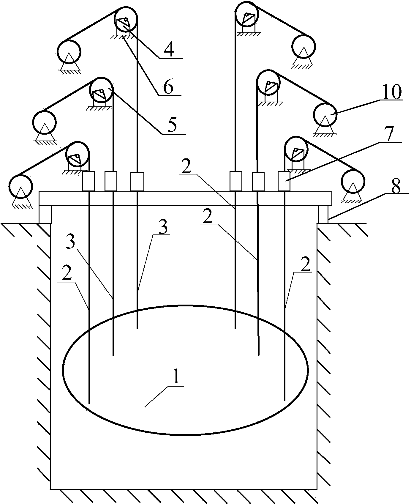 Suspension rope and stable rope tension online detection device and method in vertical shaft construction