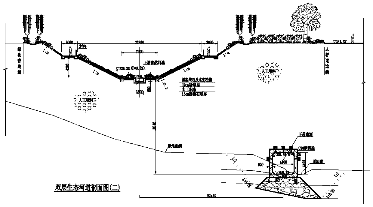 Double-layer ecological riverway structure suitable for mountain sponge city construction