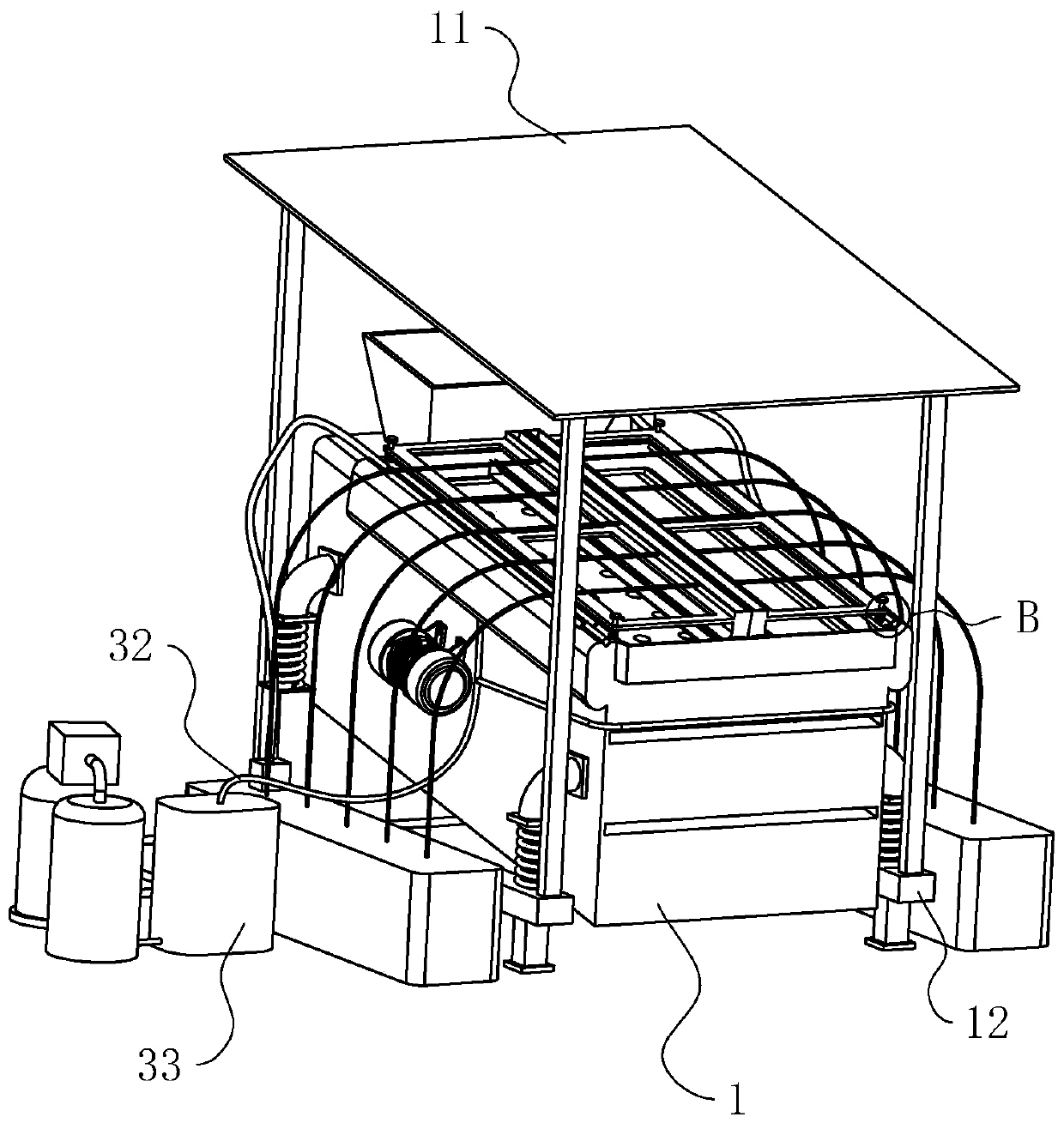 A dust removal device for a vibrating screen