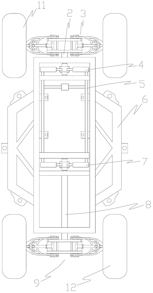 Spine bridge off-road vehicle chassis with automatic wheel adjustment