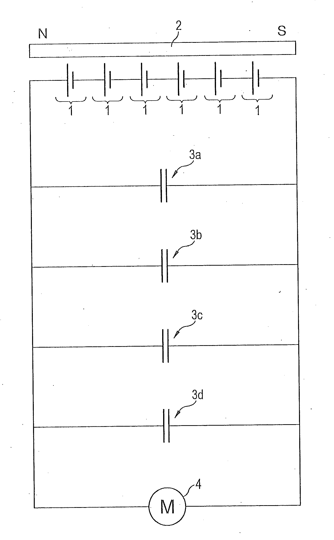 Device for producing electrical energy and a charging current signal, and a device for producing electrical energy charged by the charging current signal