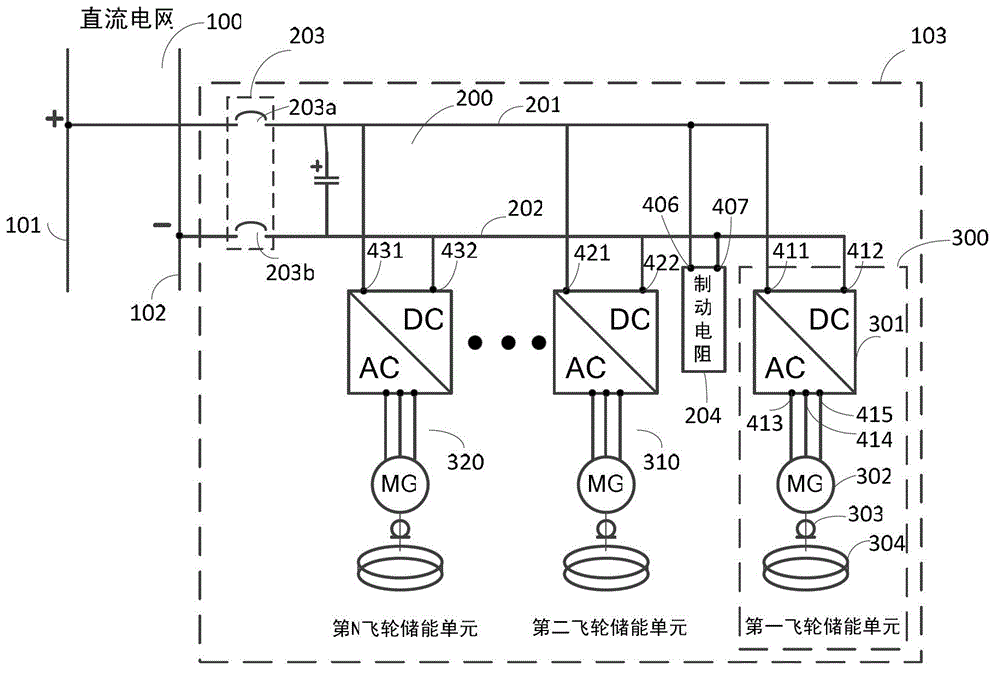 Flywheel array energy storage system with flywheel energy storage units connected in parallel