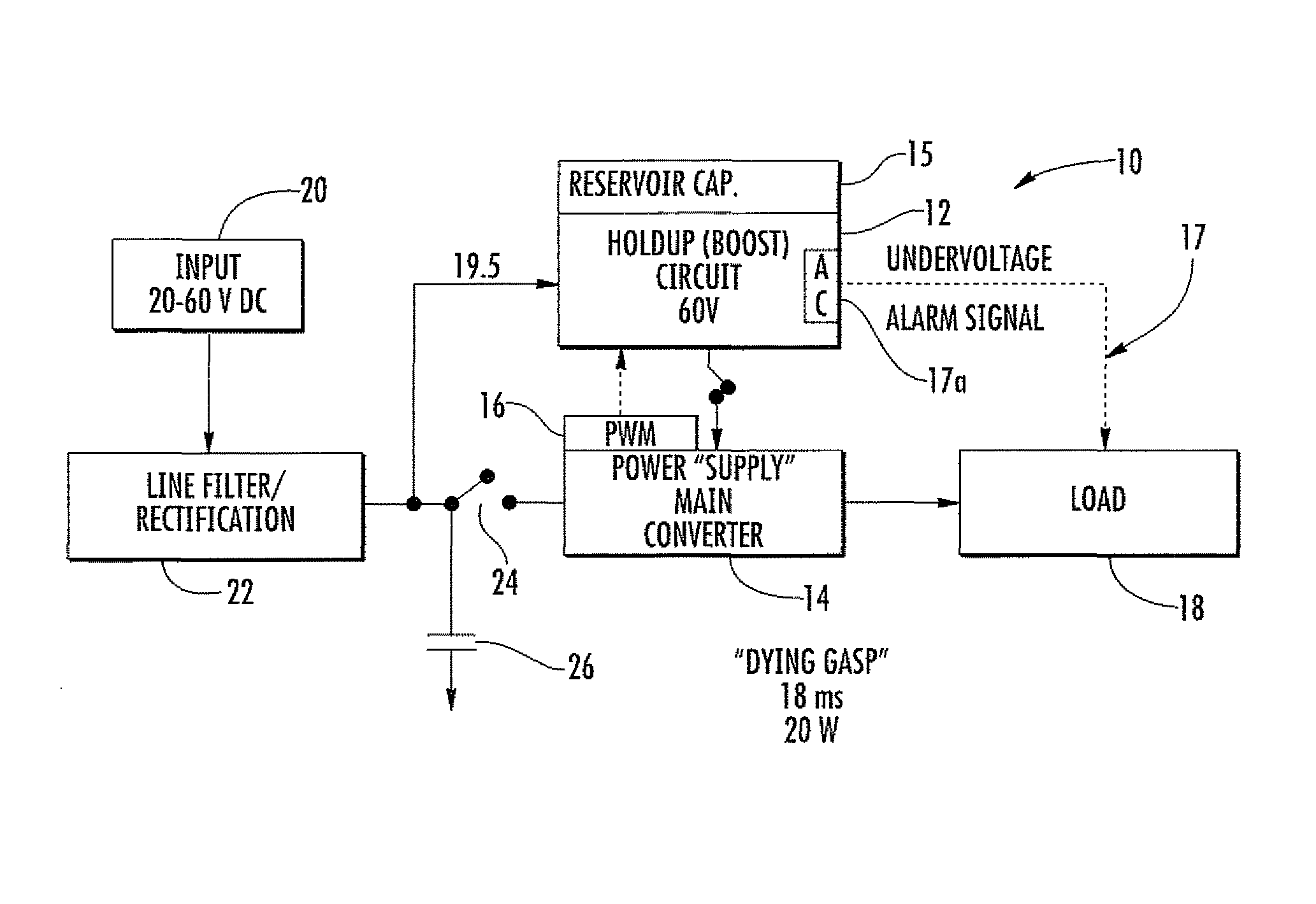 Power supply and method that maintains supply voltage in communications systems during a power supply interruption