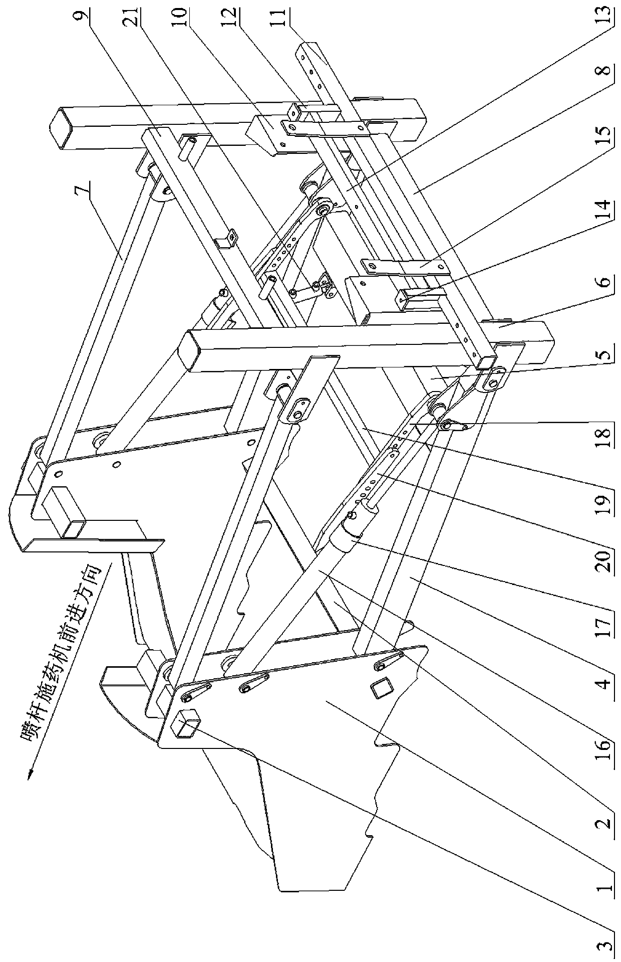 Automatic lifting and shock absorbing self-balancing mechanism for spray rod application machine