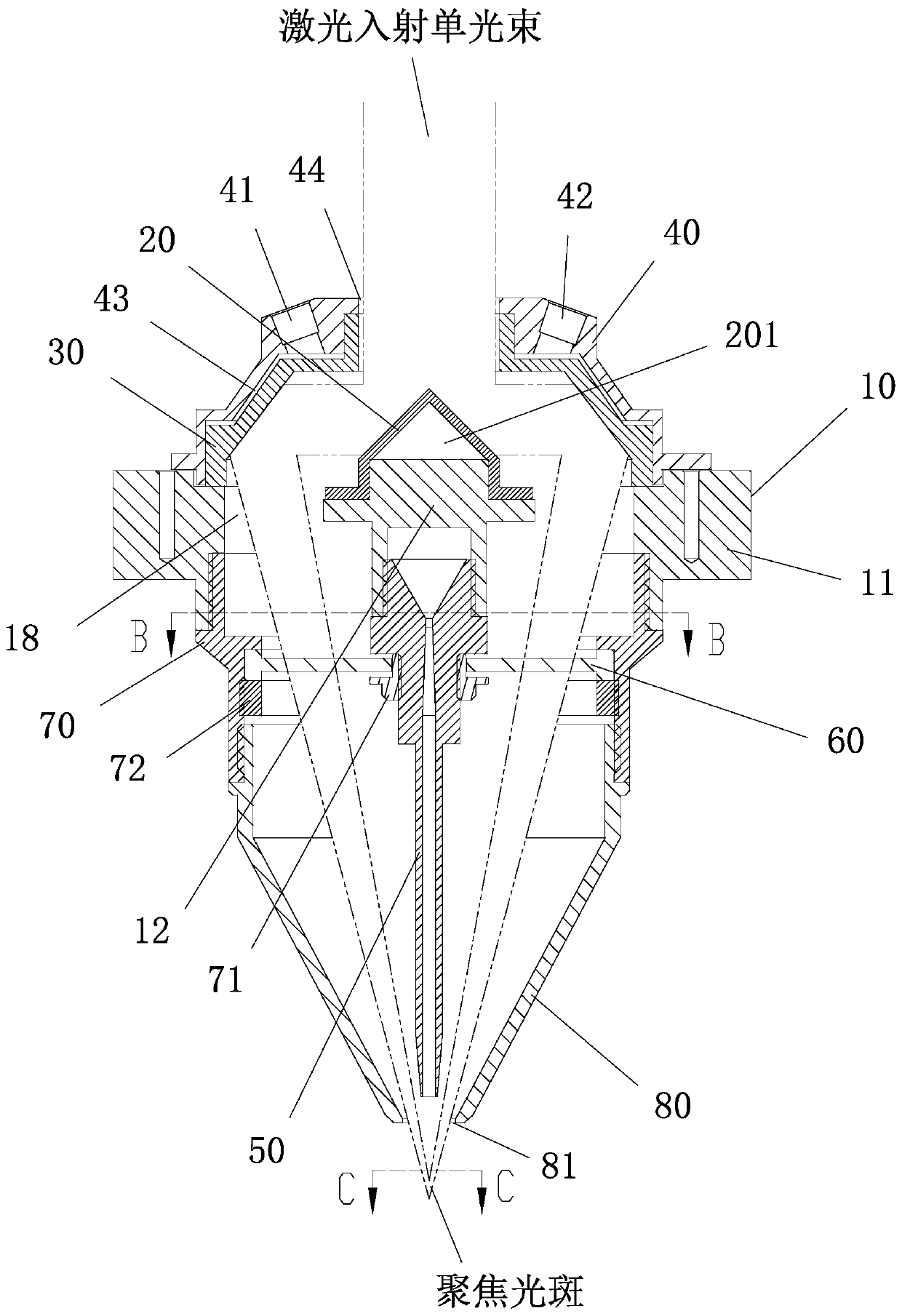 High-speed laser spraying device adopting coaxial powder feeding