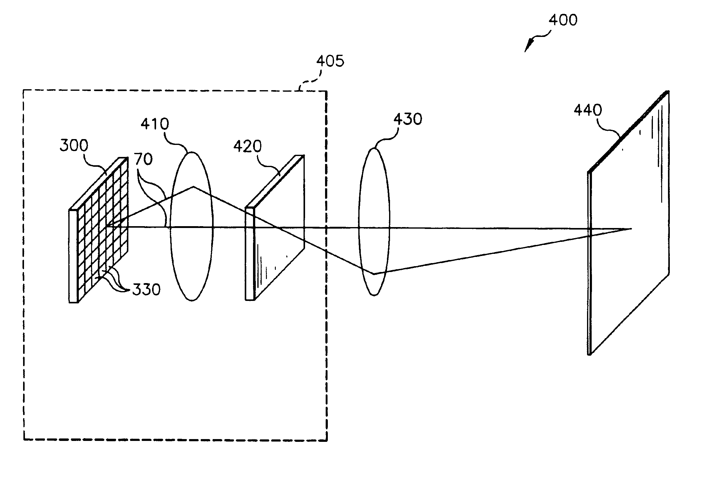 Electronic imaging system using organic laser array illuminating an area light valve