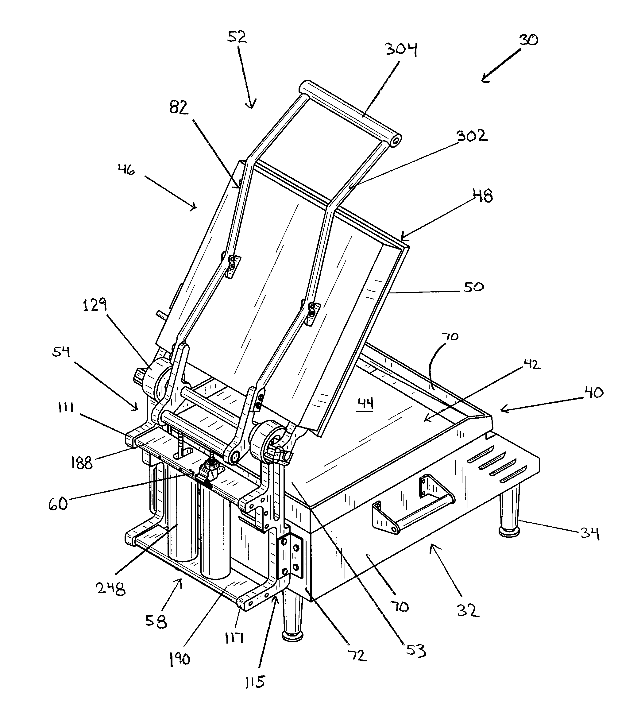 Grill for cooking human food with lower and upper platens and counterbalance assembly