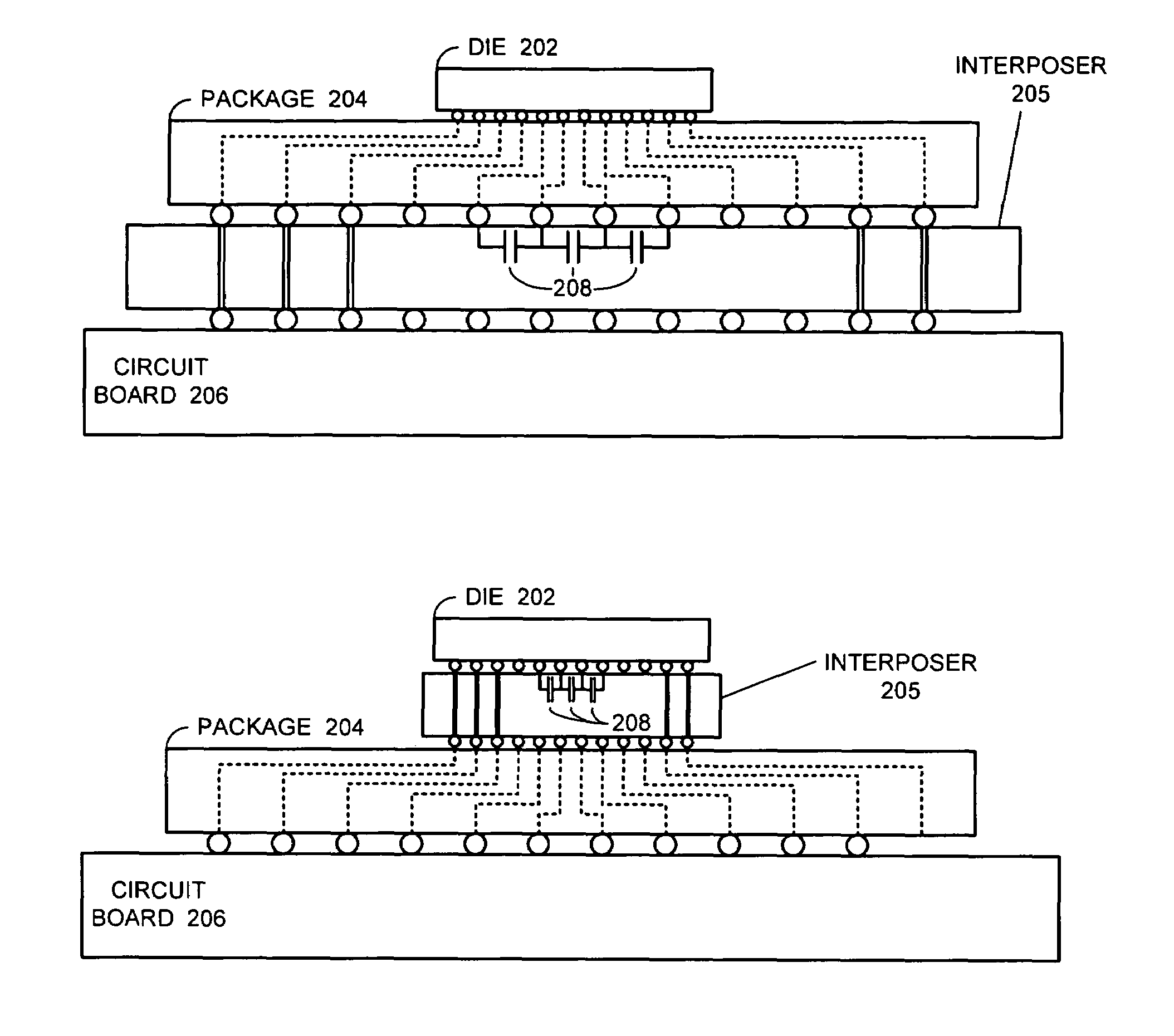 Interposer containing bypass capacitors for reducing voltage noise in an IC device