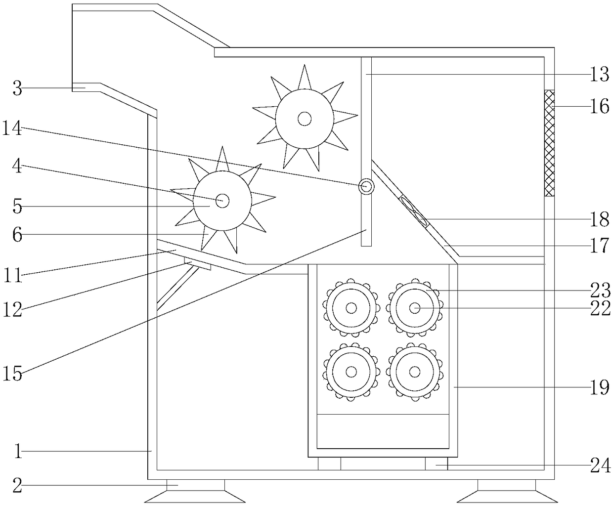 Efficient dust-absorption multistage coal mine stone crushing device