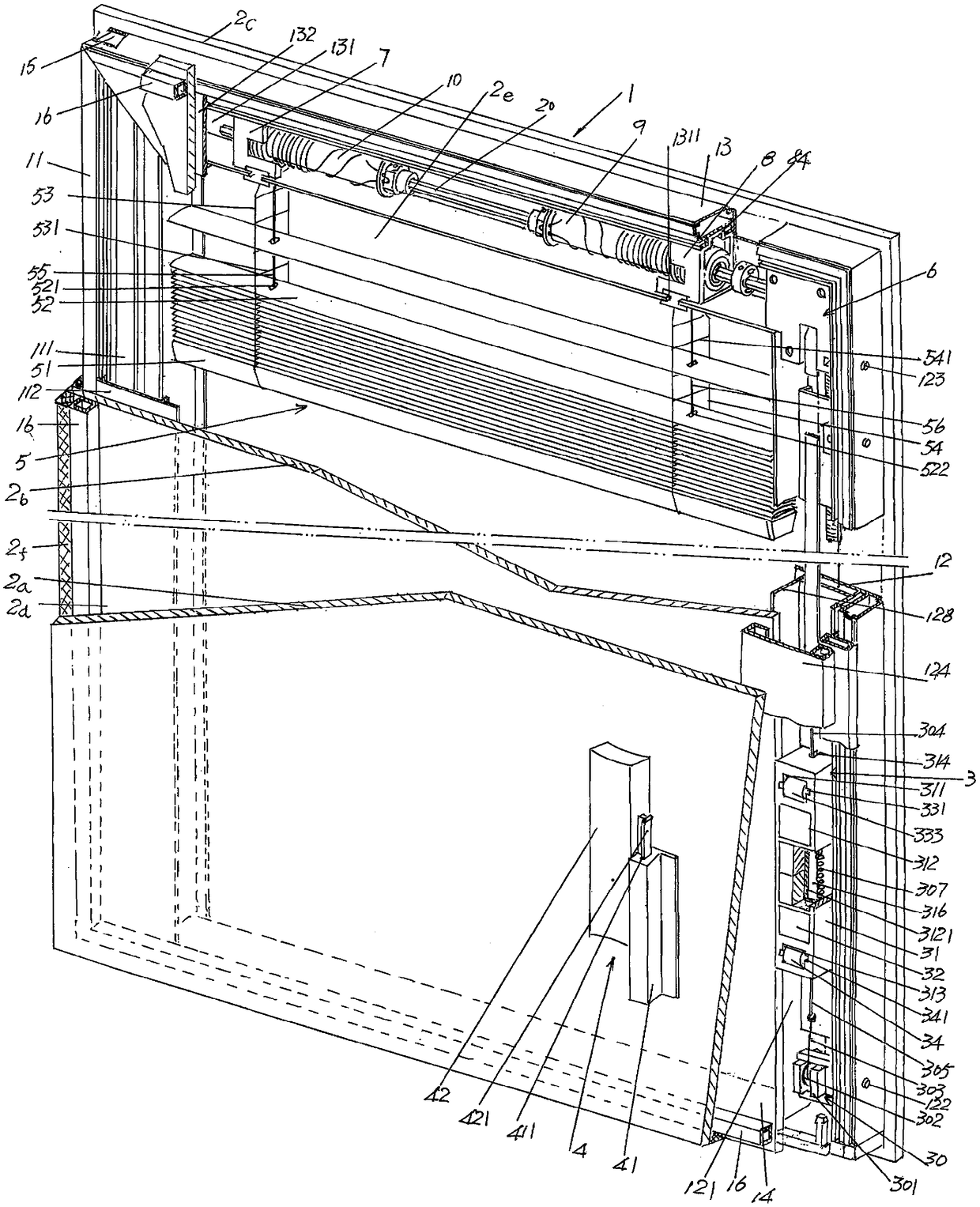 Venetian blind lifting traction rope retracting and releasing device of insulating glass built-in louver