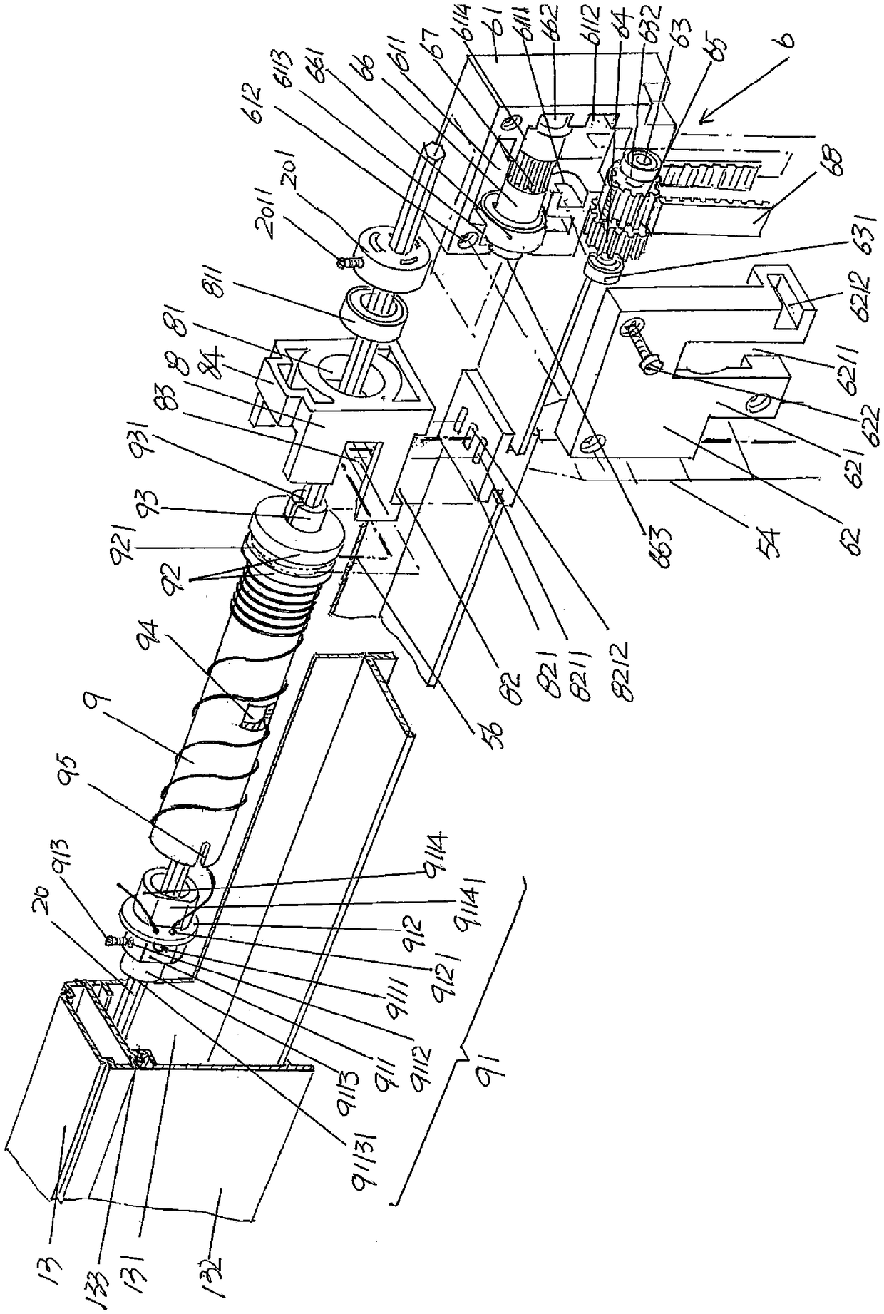 Venetian blind lifting traction rope retracting and releasing device of insulating glass built-in louver