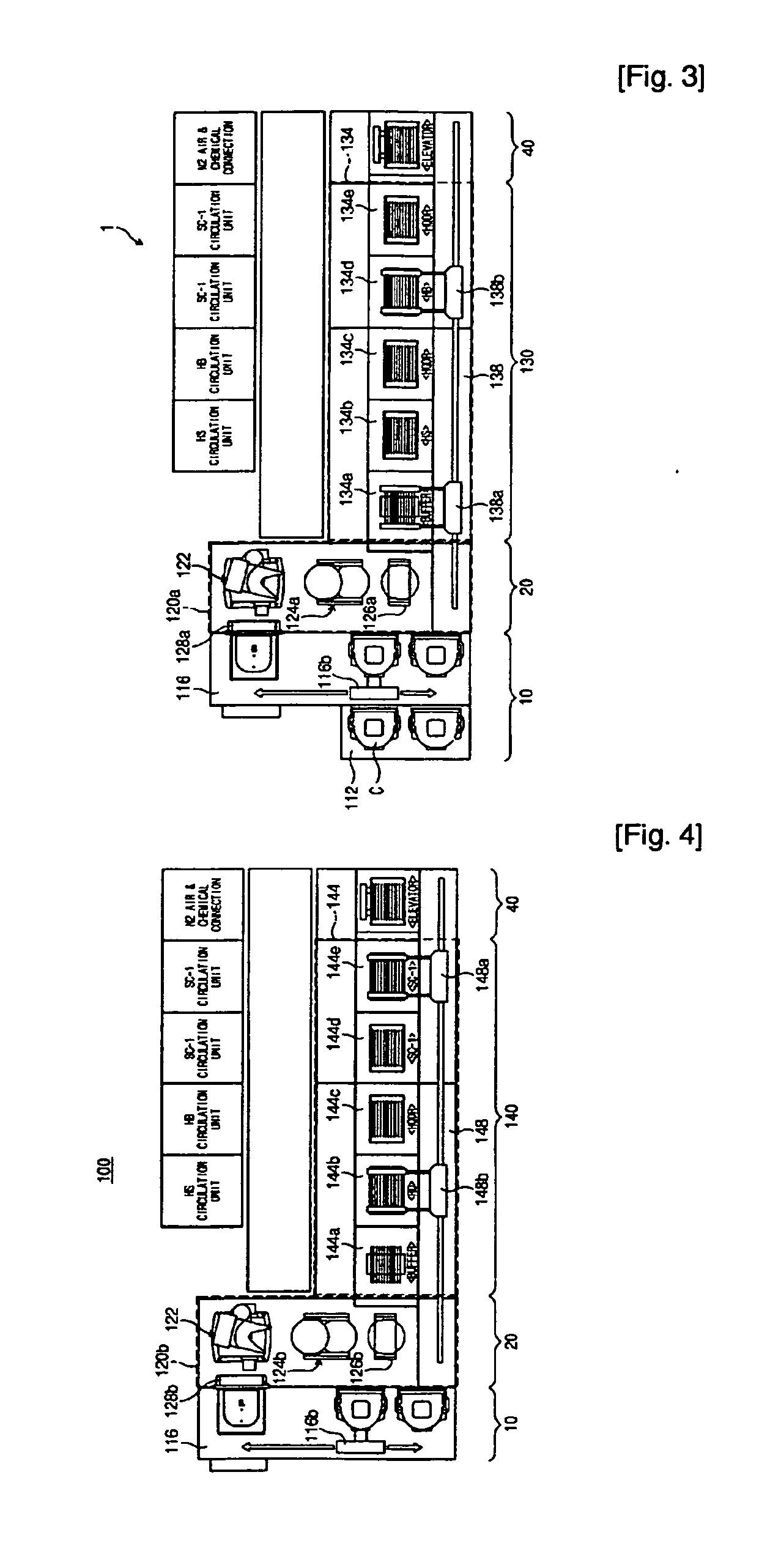 Facility with Multi-Storied Process Chamber for Cleaning Substrates and Method for Cleaning Substrates Using the Facility