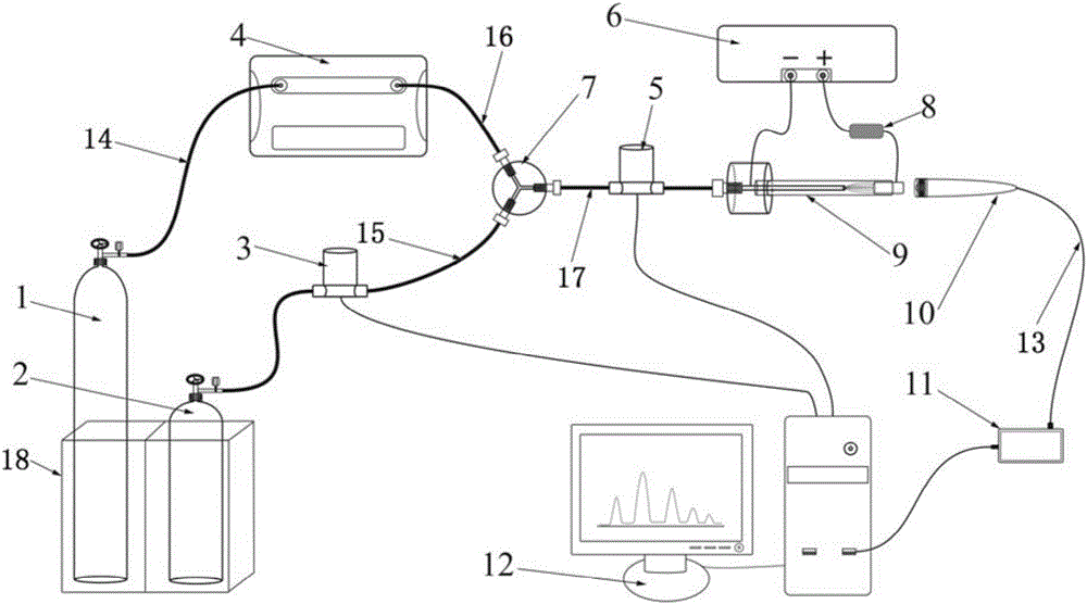 Atmosphere-pressure glow discharging detection method for metal ions and detection system