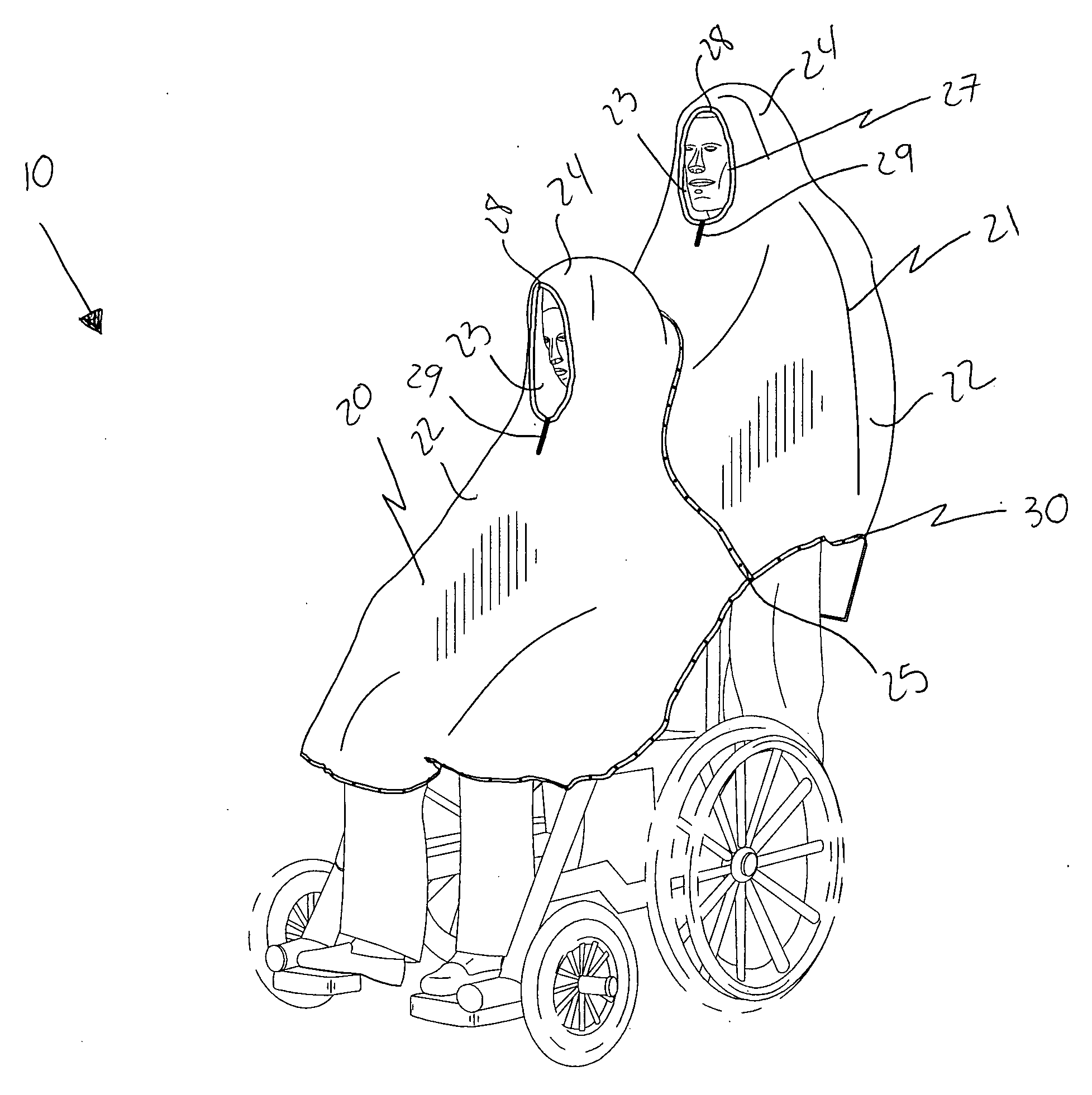 Combined multi-person and wheelchair protective covering and associated method