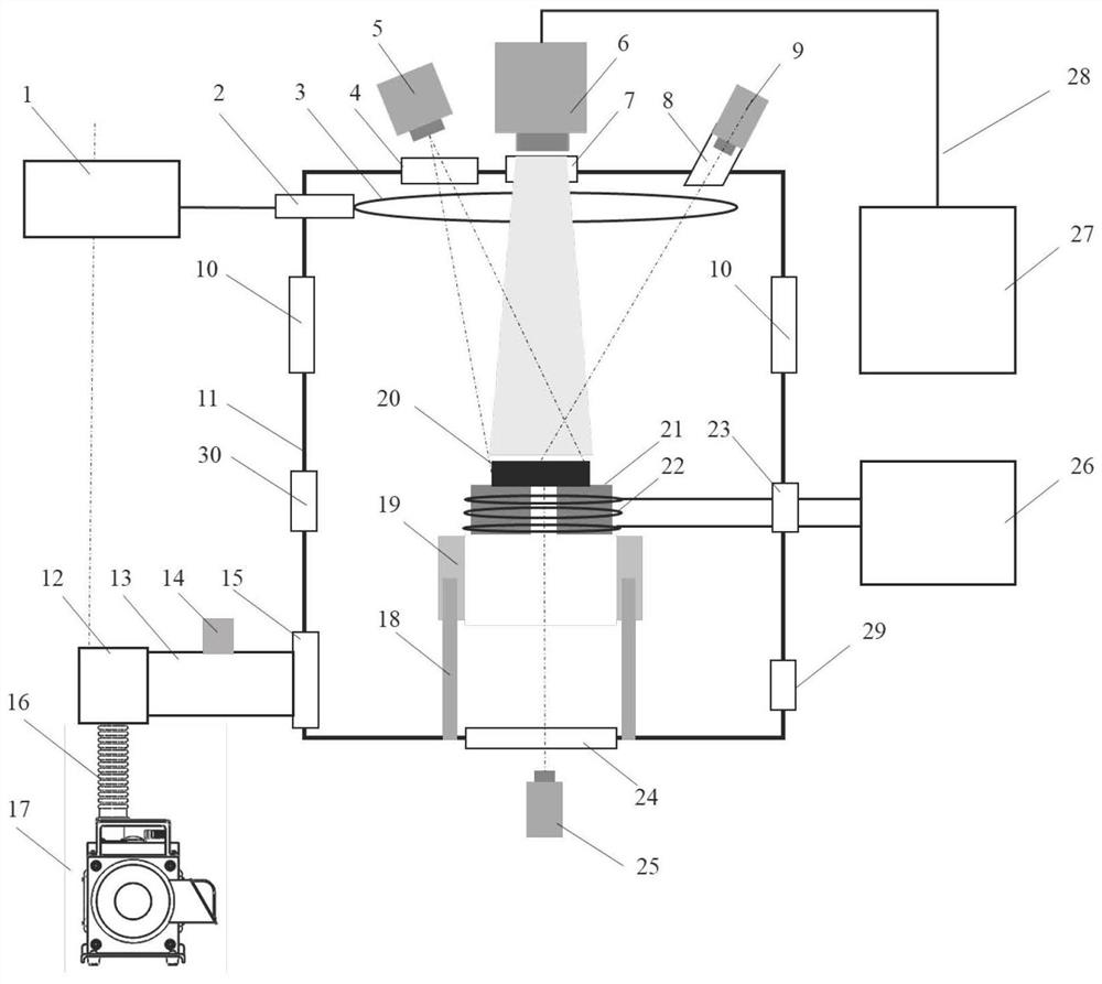 Laser damage ground simulation test system and method under high temperature and low pressure environment