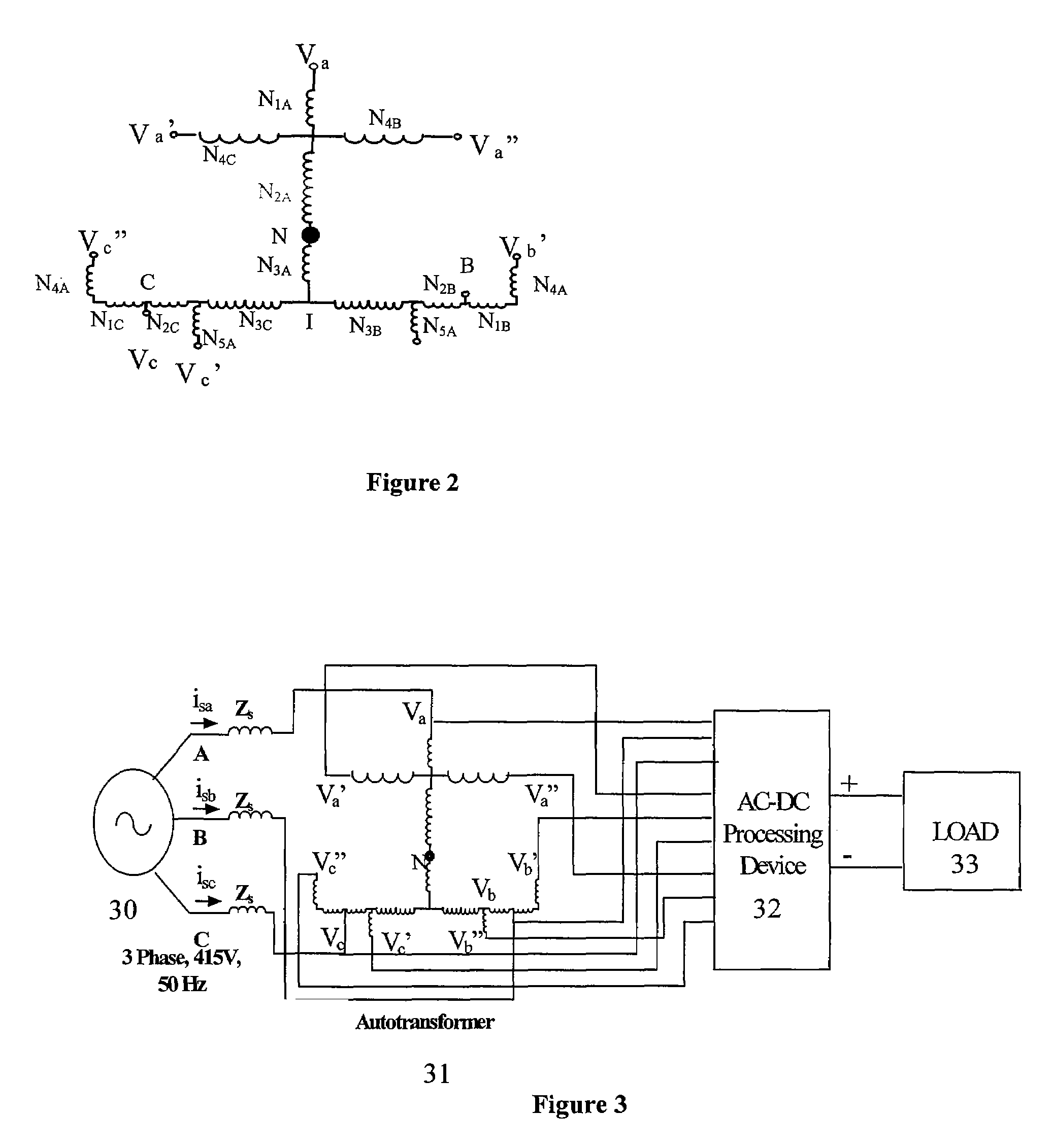 Reduced rating T-connected autotransformer for converting three phase AC voltages to nine/six phase shifted AC voltages