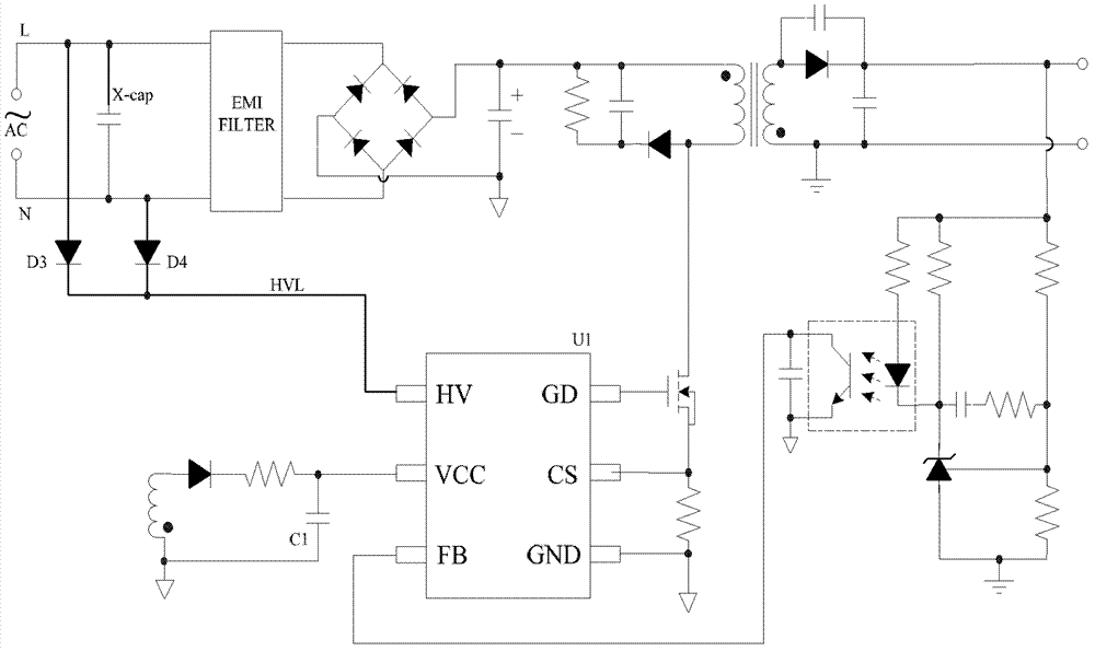 X capacitor discharge control device applied to flyback power source