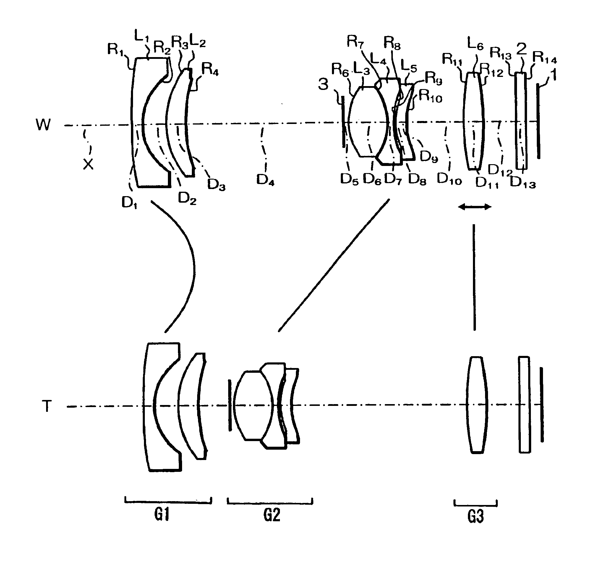 Three-group zoom lens including at least one aspheric lens surface