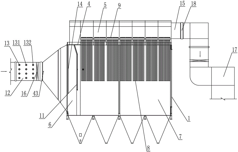 Gravity inertia bag type composite dust collector