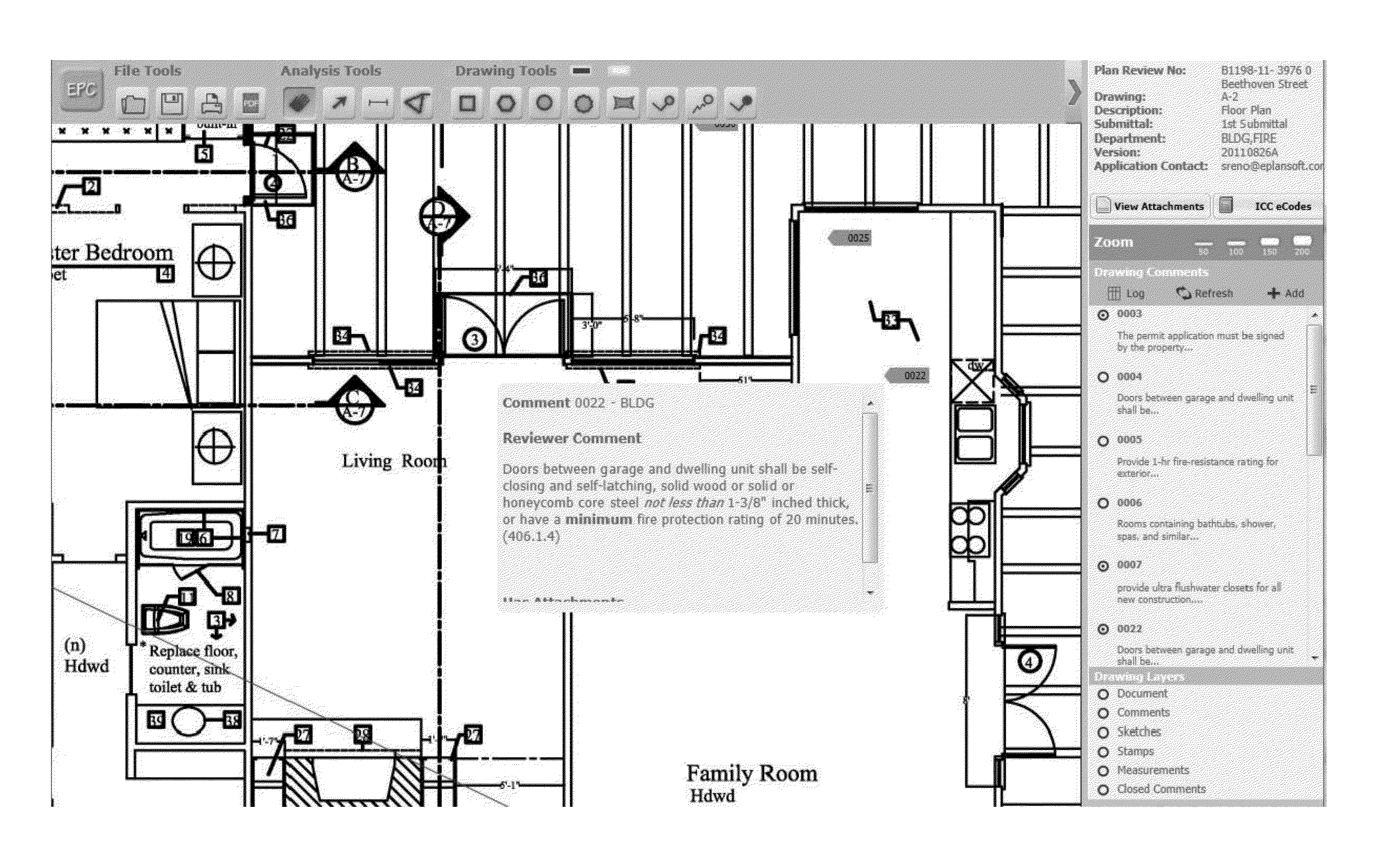 Management of building plan documents utilizing comments and a correction list