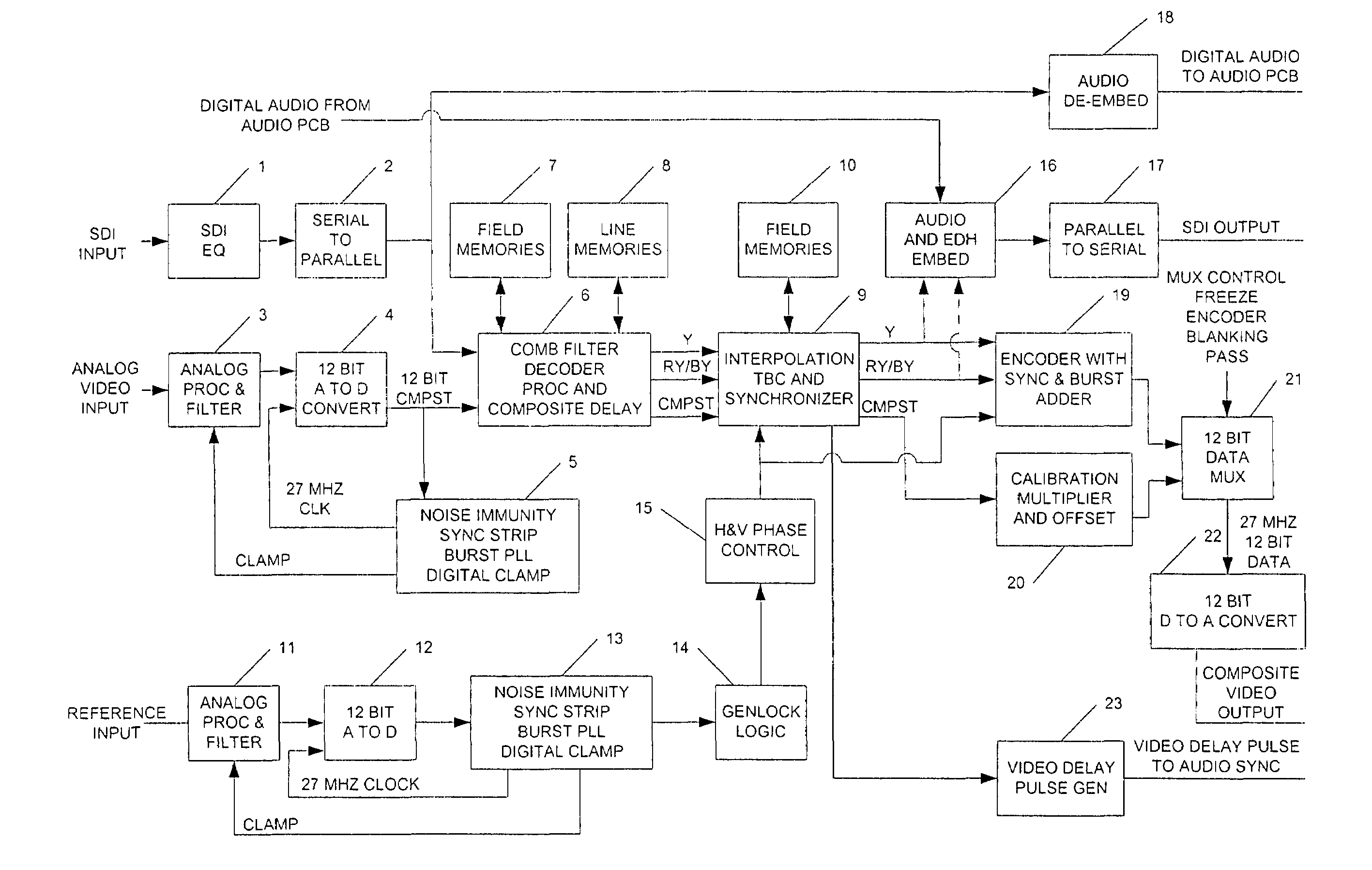 Digital video synchronizer with both decoded digital and undecoded analog outputs