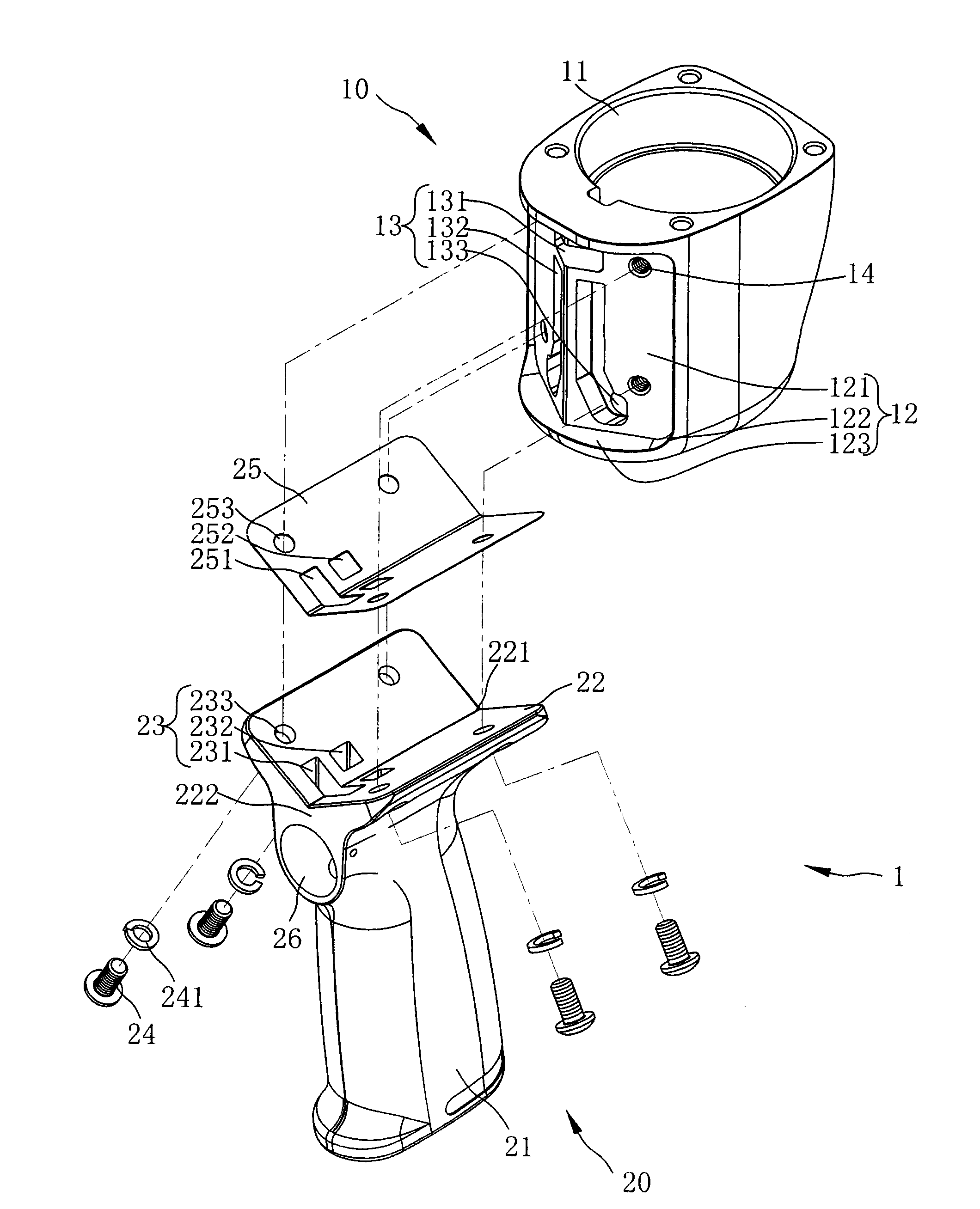 Pneumatic tool combining gun body and grab handle