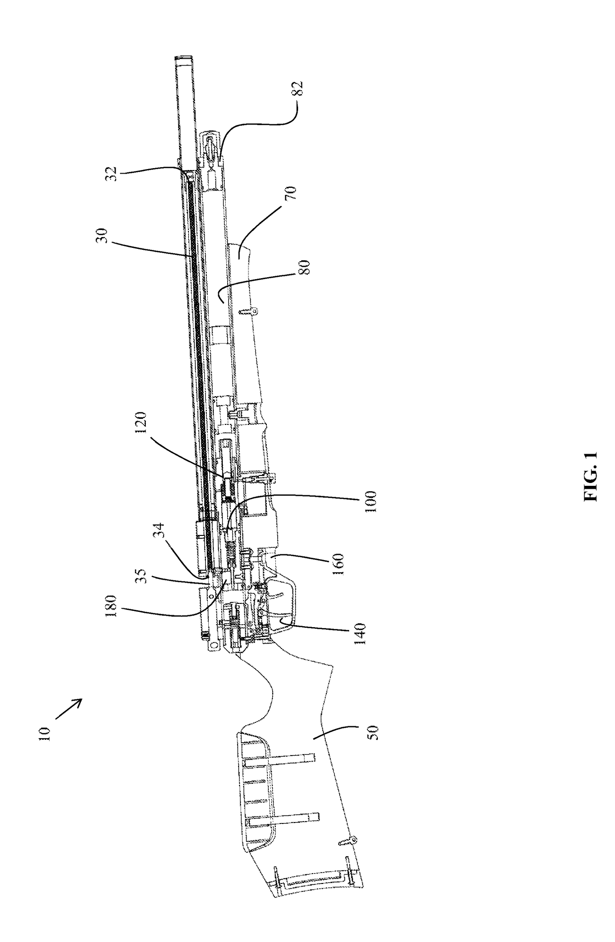 Airgun with selective bypass from high pressure reservoir to firing pressure reservoir