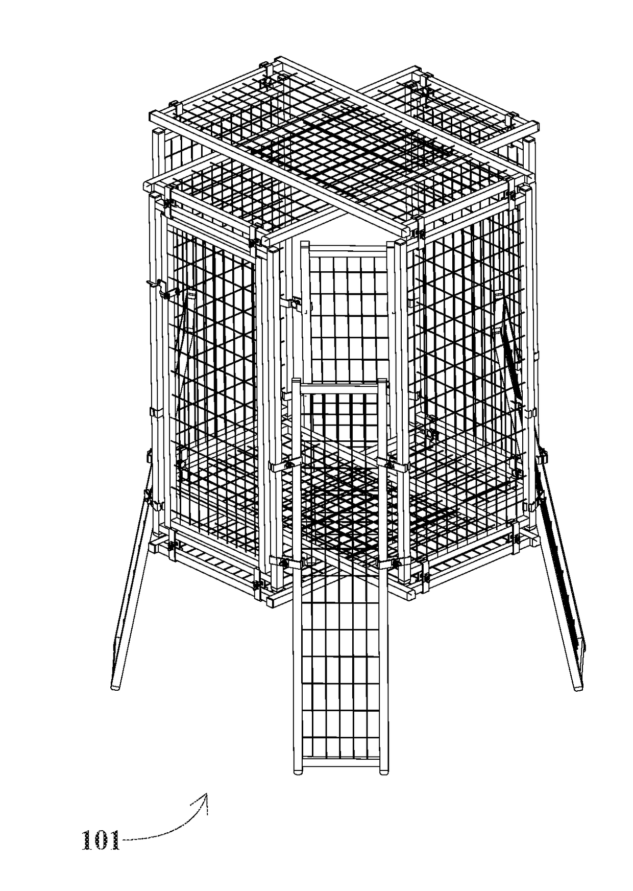 At-least-twenty-four-different-configuration pet kennel, having angled clamp system, parallel clamp system, angled stilt system, parallel stilt system, wind-circulating sail system, and rain-circulating gutter system