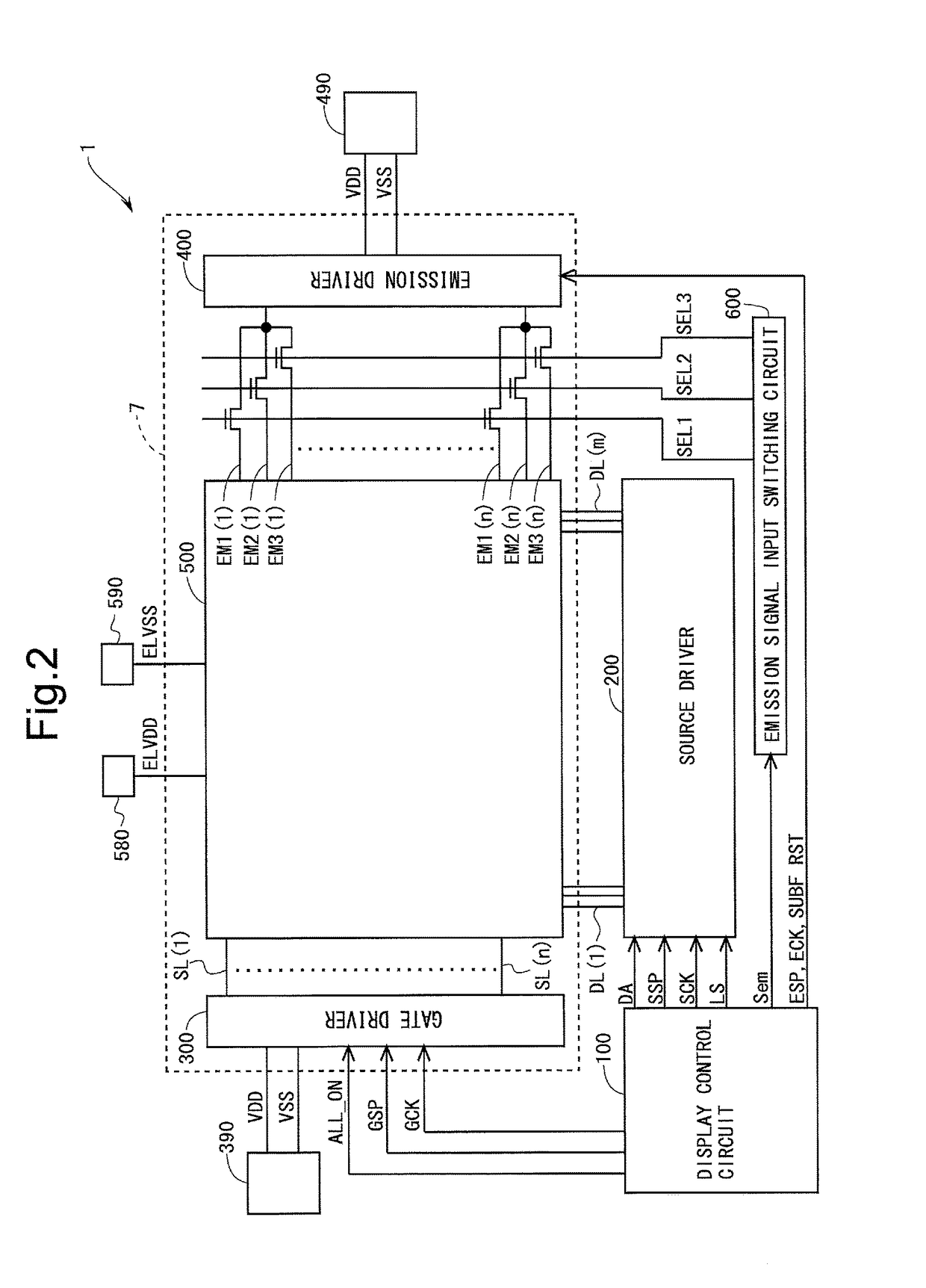 Display device and method for driving same with light-emission enable signal switching unit