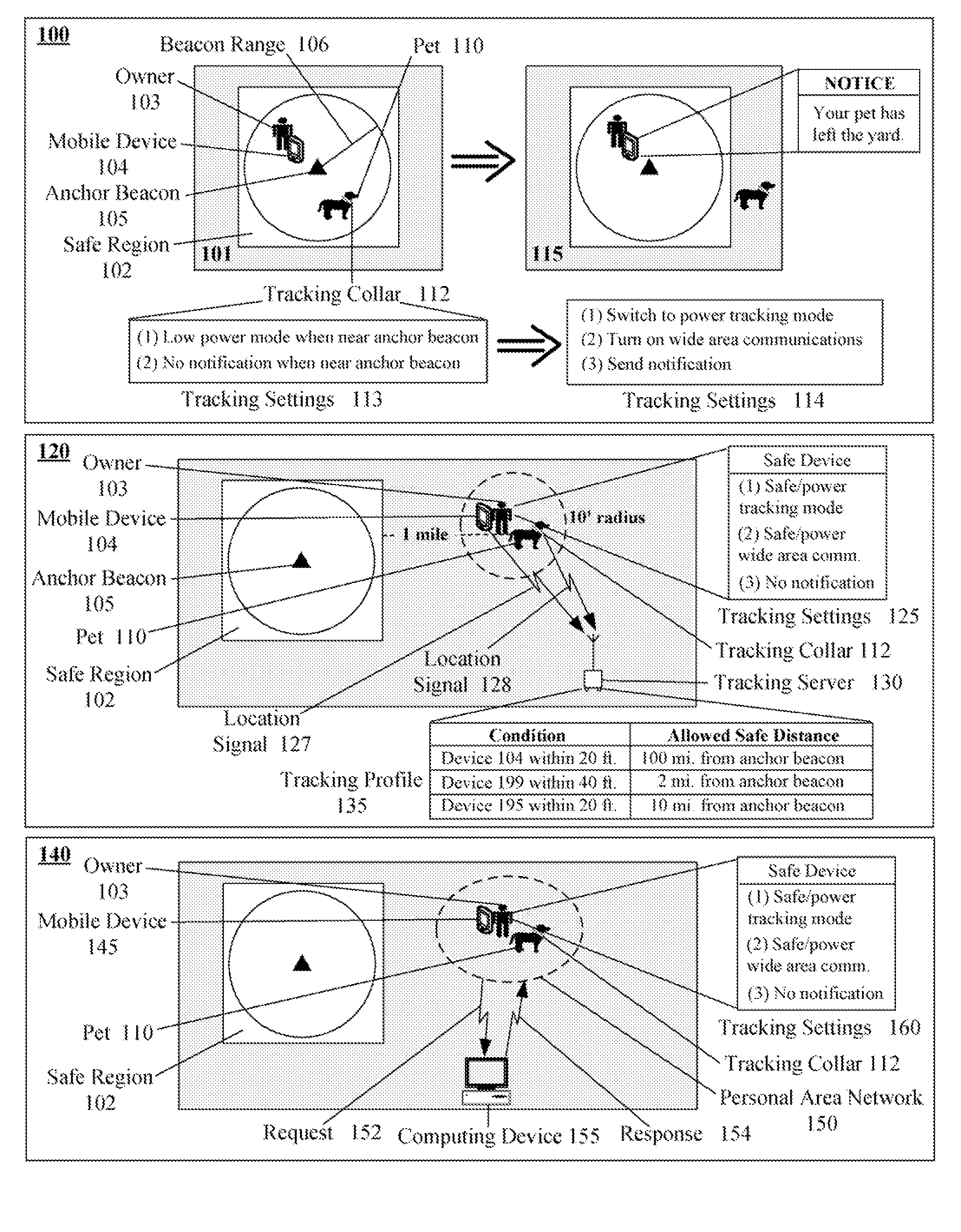 Tracking device that conserves power using a sleep mode when proximate to an anchor beacon