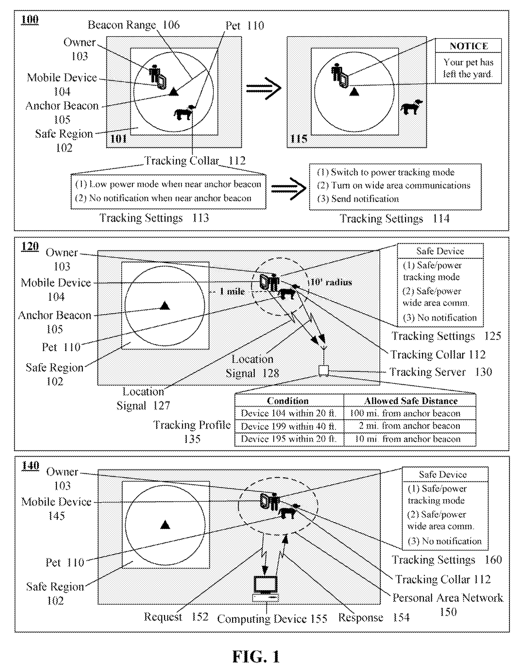 Tracking device that conserves power using a sleep mode when proximate to an anchor beacon