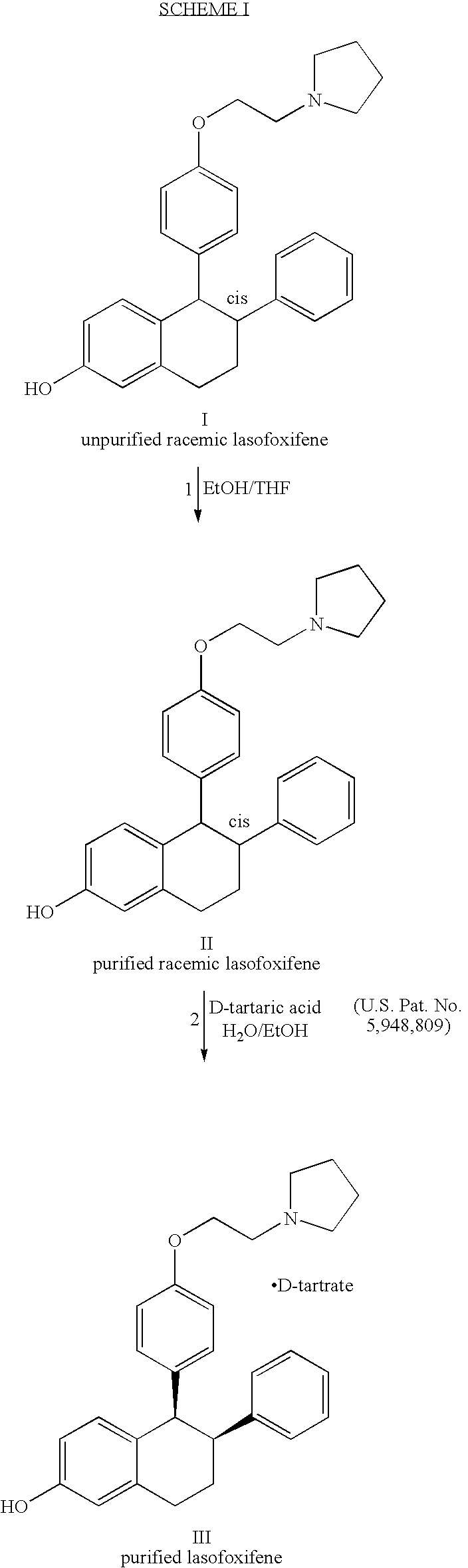 Purified racemic lasofoxifene and purified lasofoxifene D-tartrate and a mehtod for effective purification of racemic lasofoxifene