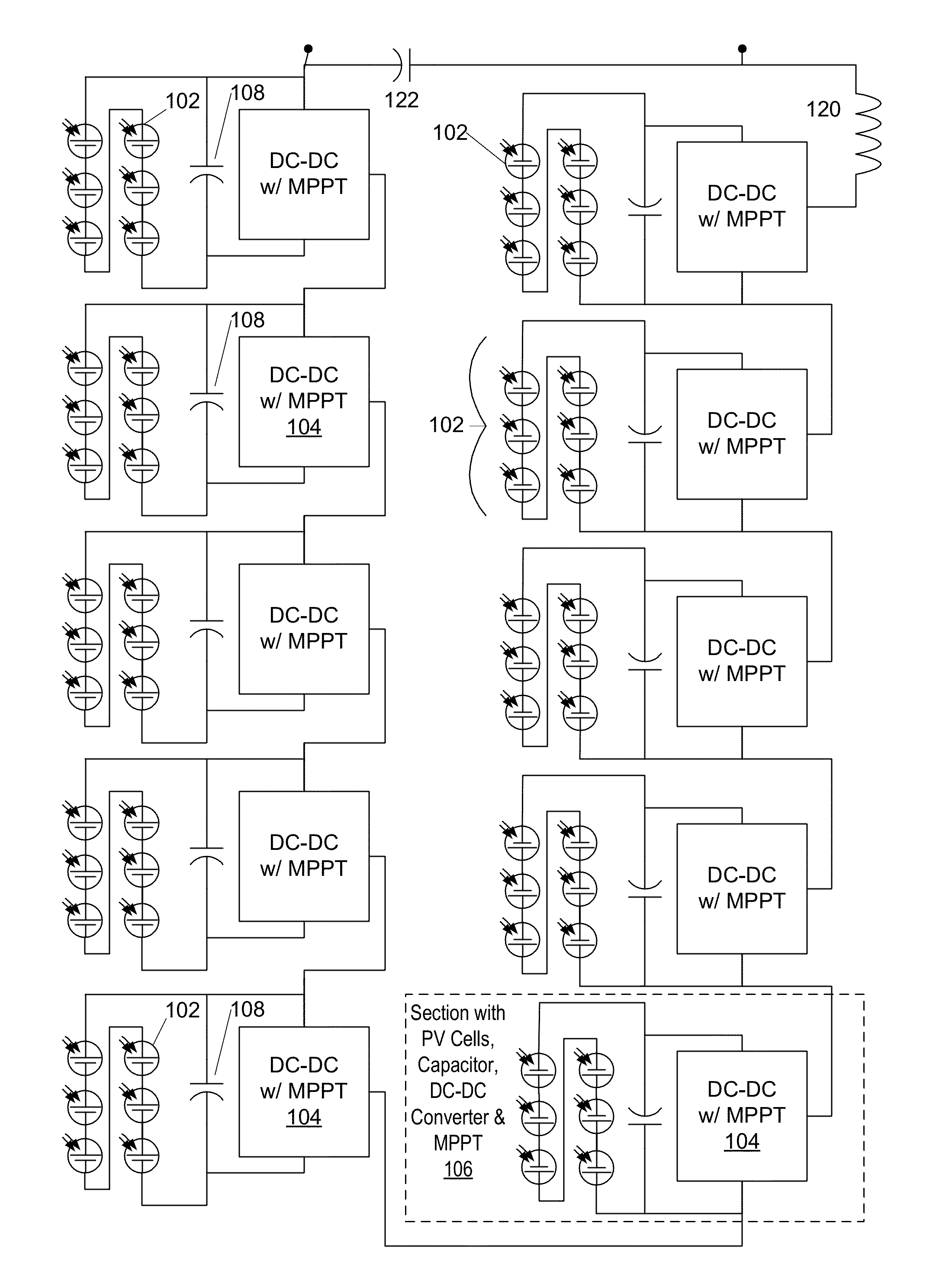 Integrated photovoltaic panel with sectional maximum power point tracking