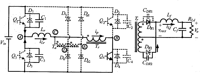 Zero voltage switch full-bridge direct-current converter with diode and auxiliary transformer clamping