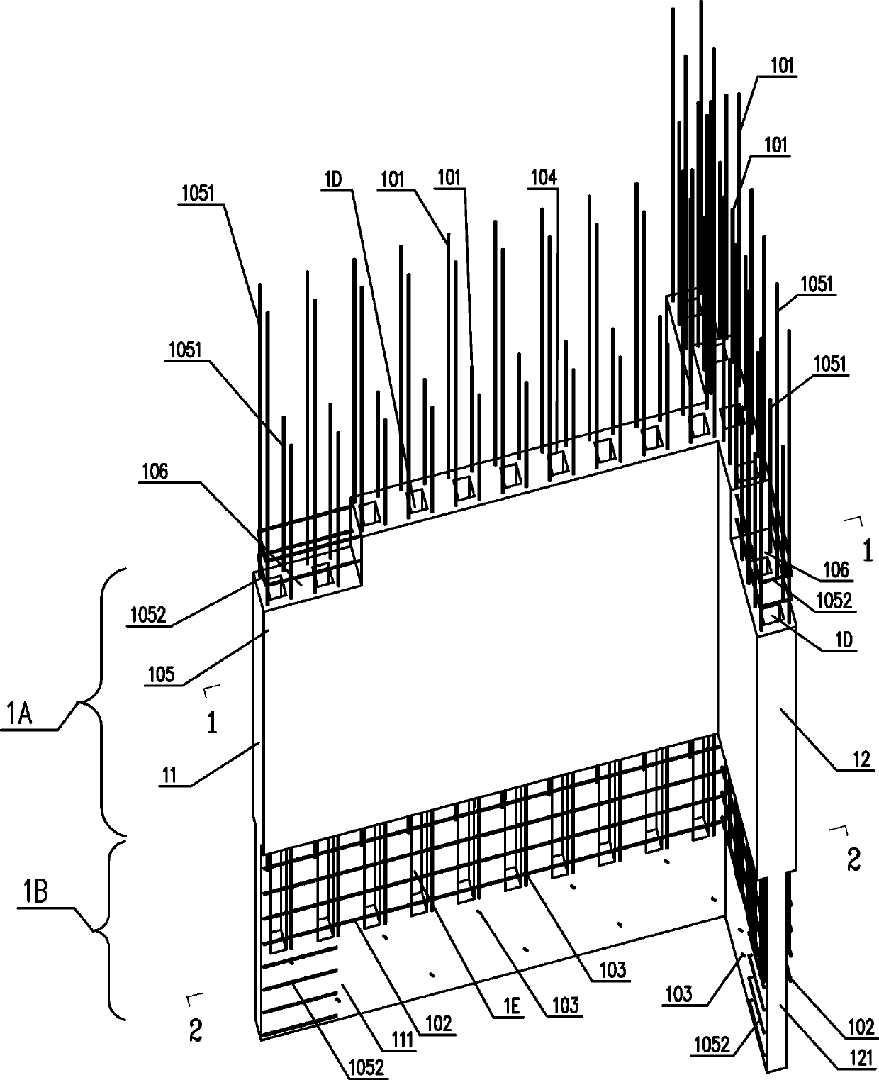 Fabricated concrete variable section T-shaped shear wall component and construction method thereof