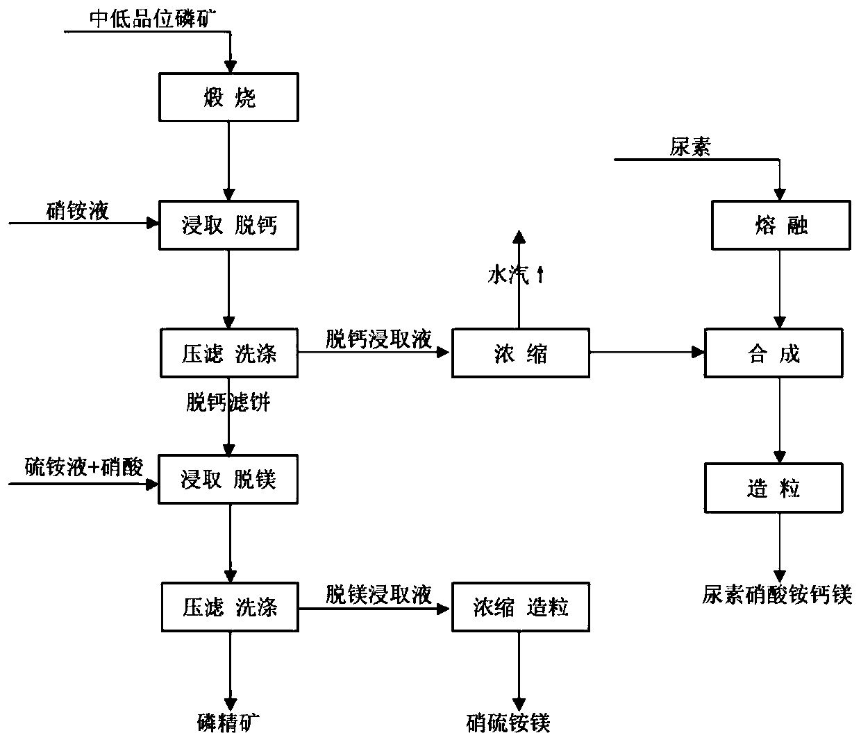 Mineral separation method for separating calcium and magnesium in medium-low-grade phosphorite, urea ammonium nitrate calcium-magnesium fertilizer and ammonium magnesium sulfate nitrate fertilizer