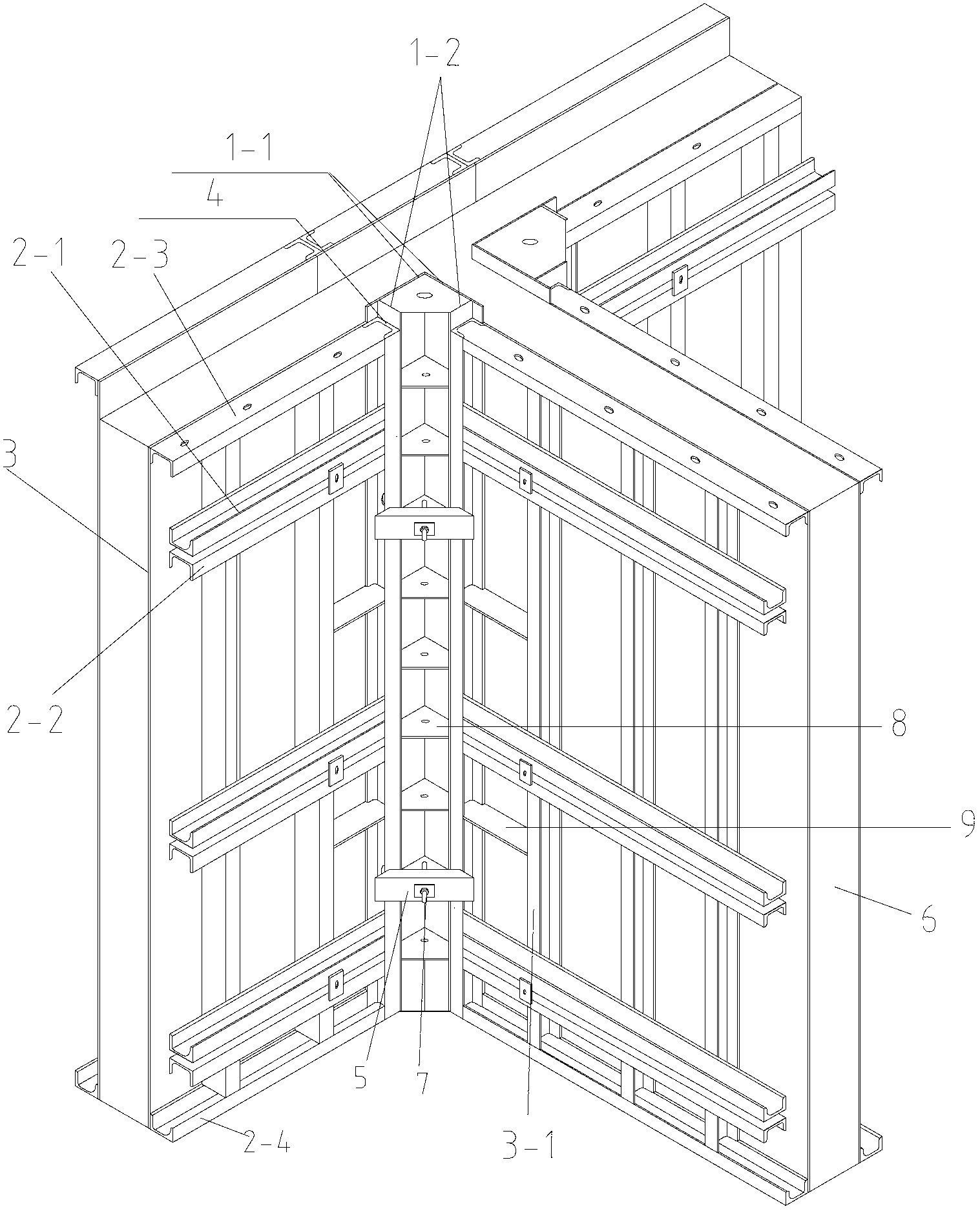 Installation construction method for large all-steel formwork at internal corner of shear wall