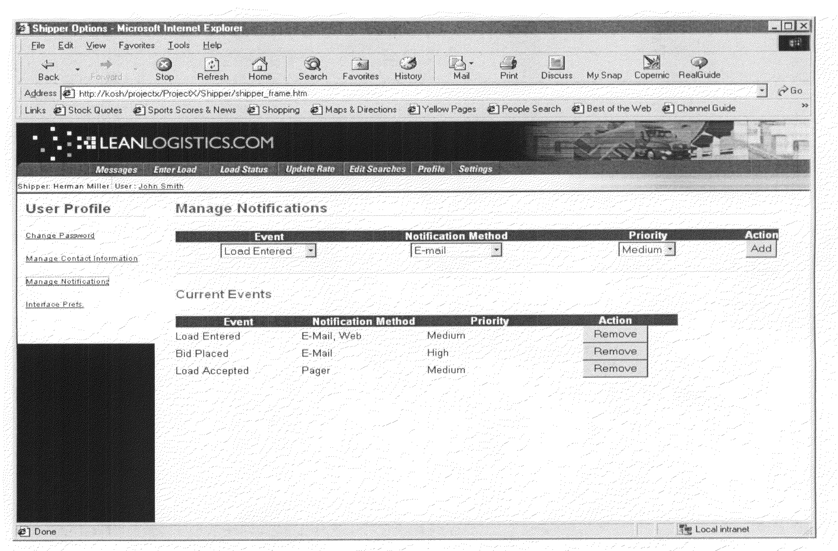 Methods and apparatus for connecting shippers and carriers in the third party logistics environment via the internet